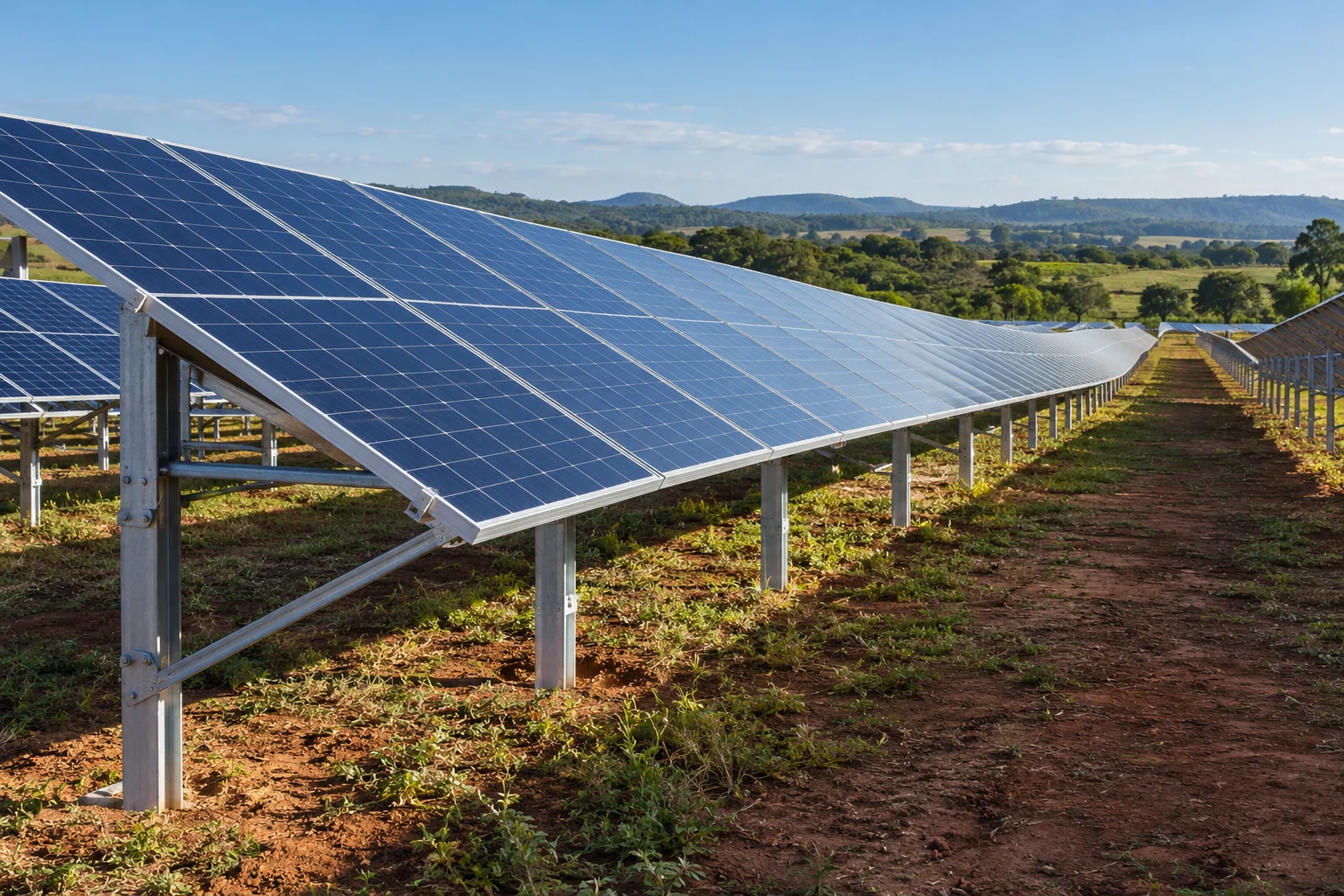 Imagem conceitual dos módulos e da estrutura de uma usina solar instalada no solo.